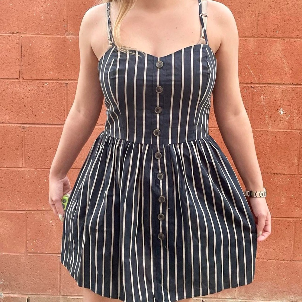 Navy and Light Beige Striped Mini Dress